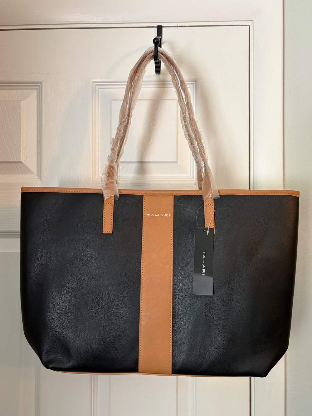 Tahari NWT Kristen Black and Tan Brown Contrast-Panel Vachetta Trim Laptop Tote